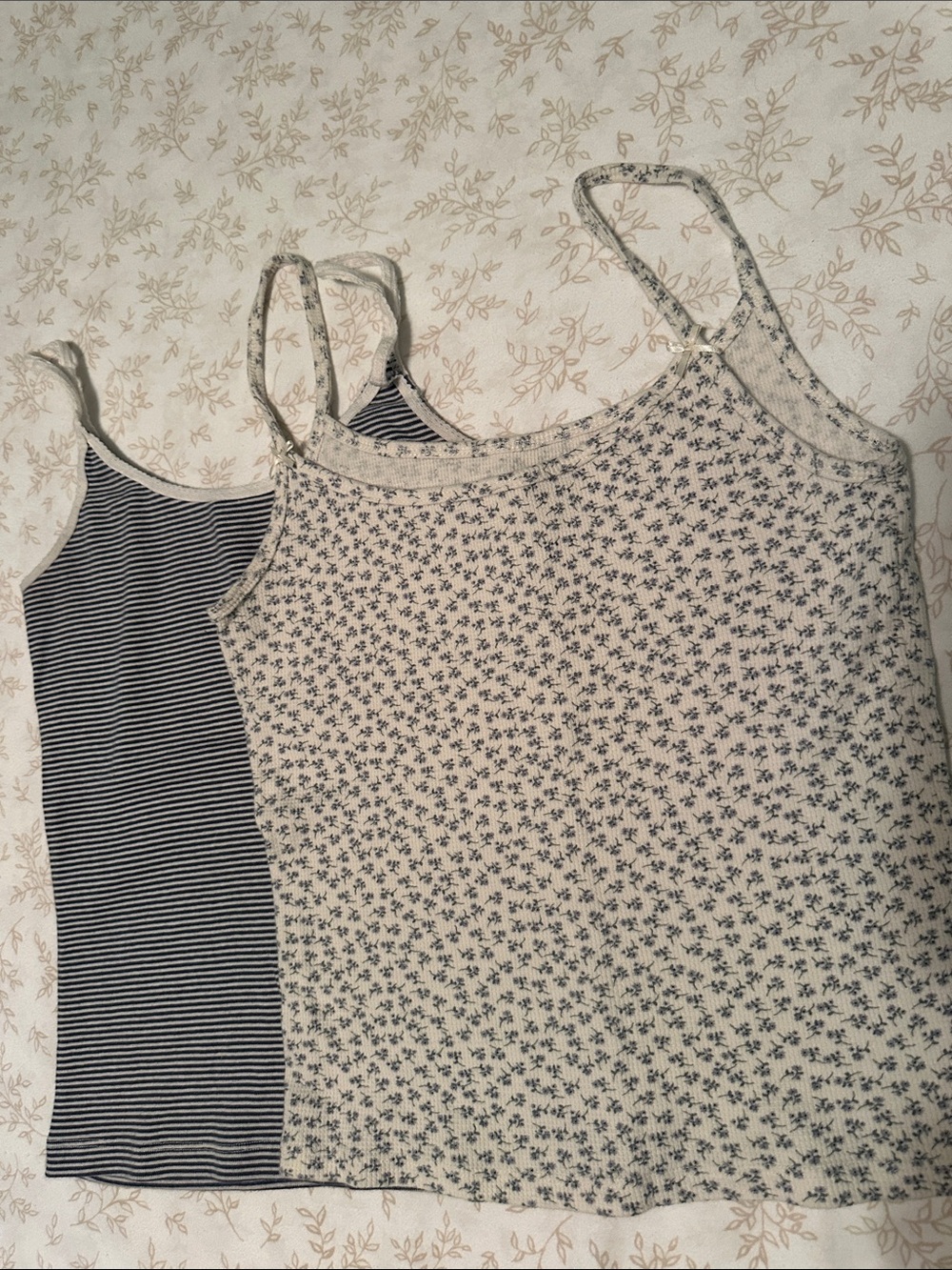 Brandy Melville Tank Top Duo - Cream Floral and navy blue stripe